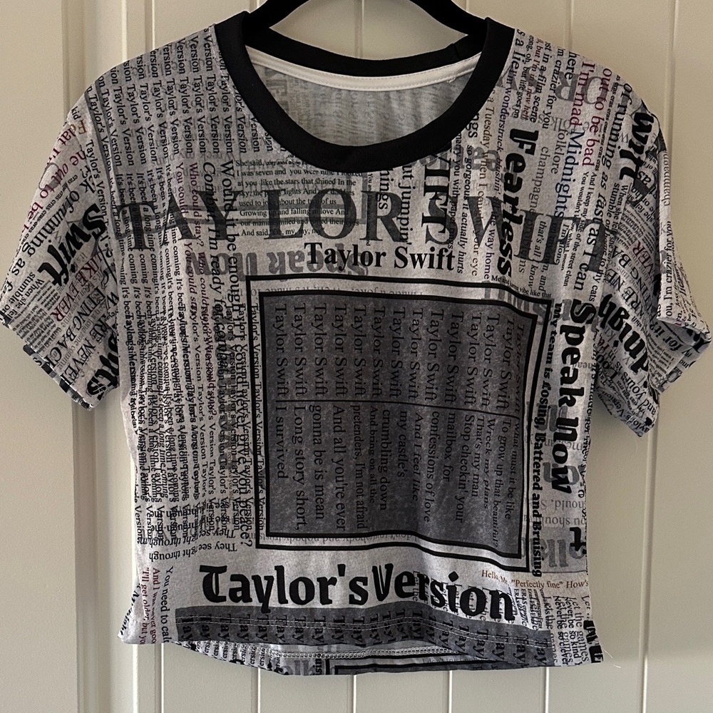Taylor Swift Black and White Text Crop Top